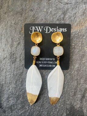 JW Designs White Feather Earrings with Gold Accents